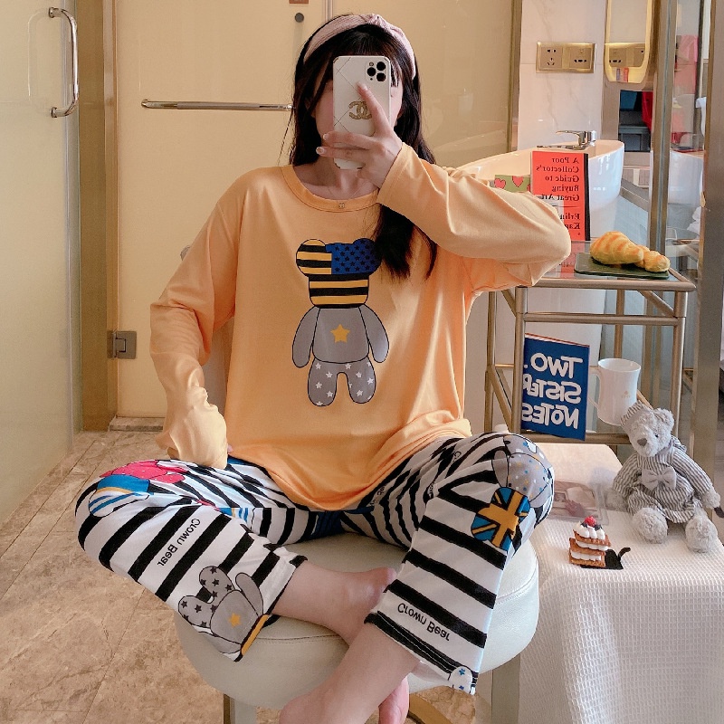 Setelan Piyama Oversize Bahan katun Adem Lengan Panjang Setelan Baju Tidur Wanita Oversize Piyama Pakaian Tidur Wanita Set Piyama Wanita Dewasa Motif Imut Karakter Kartun-2