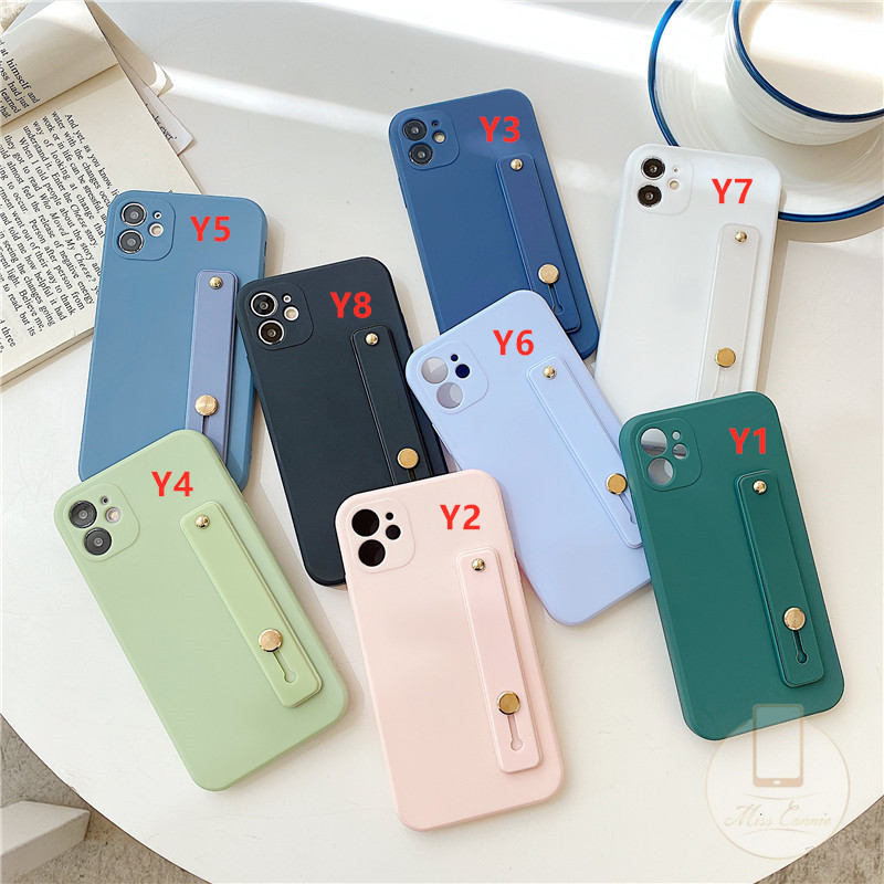 Casing Iphone 11 7plus 8plus Iphone 11pro Max Xr Xsmax Warna Solid Dengan Wristband Bentuk Kubus