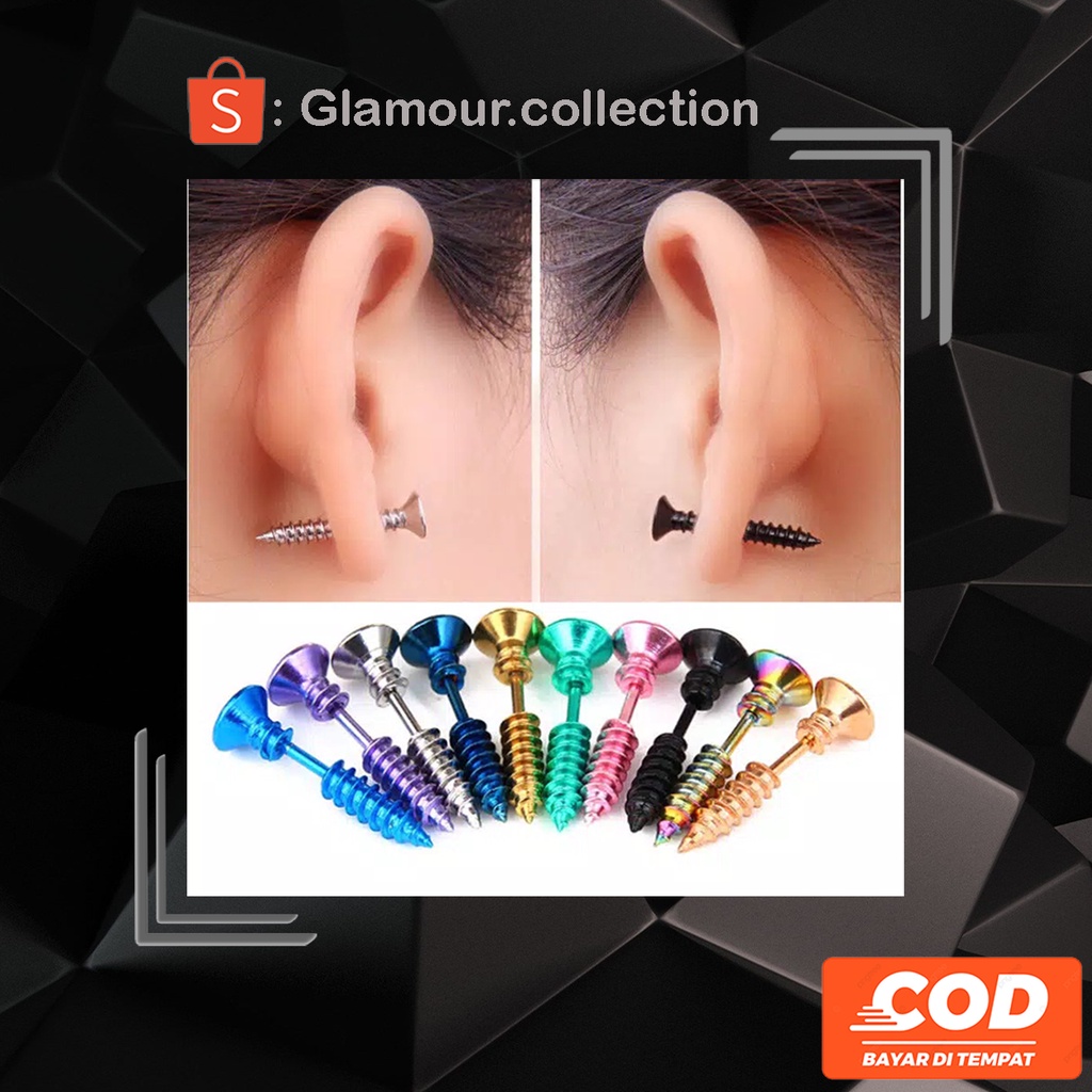 [COD] 1Pasang Anting Telinga Tindik Titanium Model Sekrup/Baut  Model Punk Fashion Pria Wanita