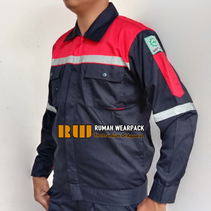 Baju Kerja/ Wearpack Proyek/ Seragam Kerja Atasan Navy Kombinasi Merah