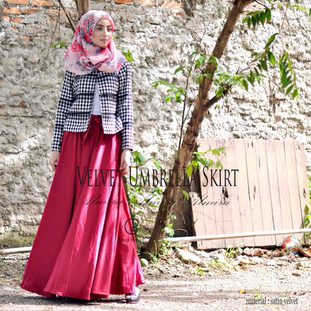 Rok Satin Panjang Payung Lebar Syari Kondangan Velvet Umbrella Skirt Almira Panjang 100cm