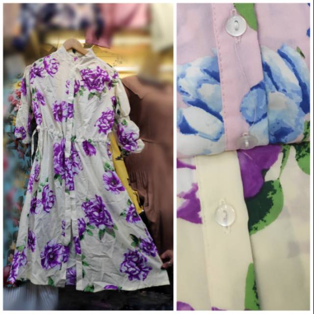 Tunik katun remaja wanita motif bunga pita kanan kiri import