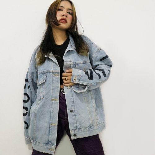 JAKET JEANS AMR ORIGINAL BLUE DENIM LV BUNGA TERBARU OVERSIZED 5211