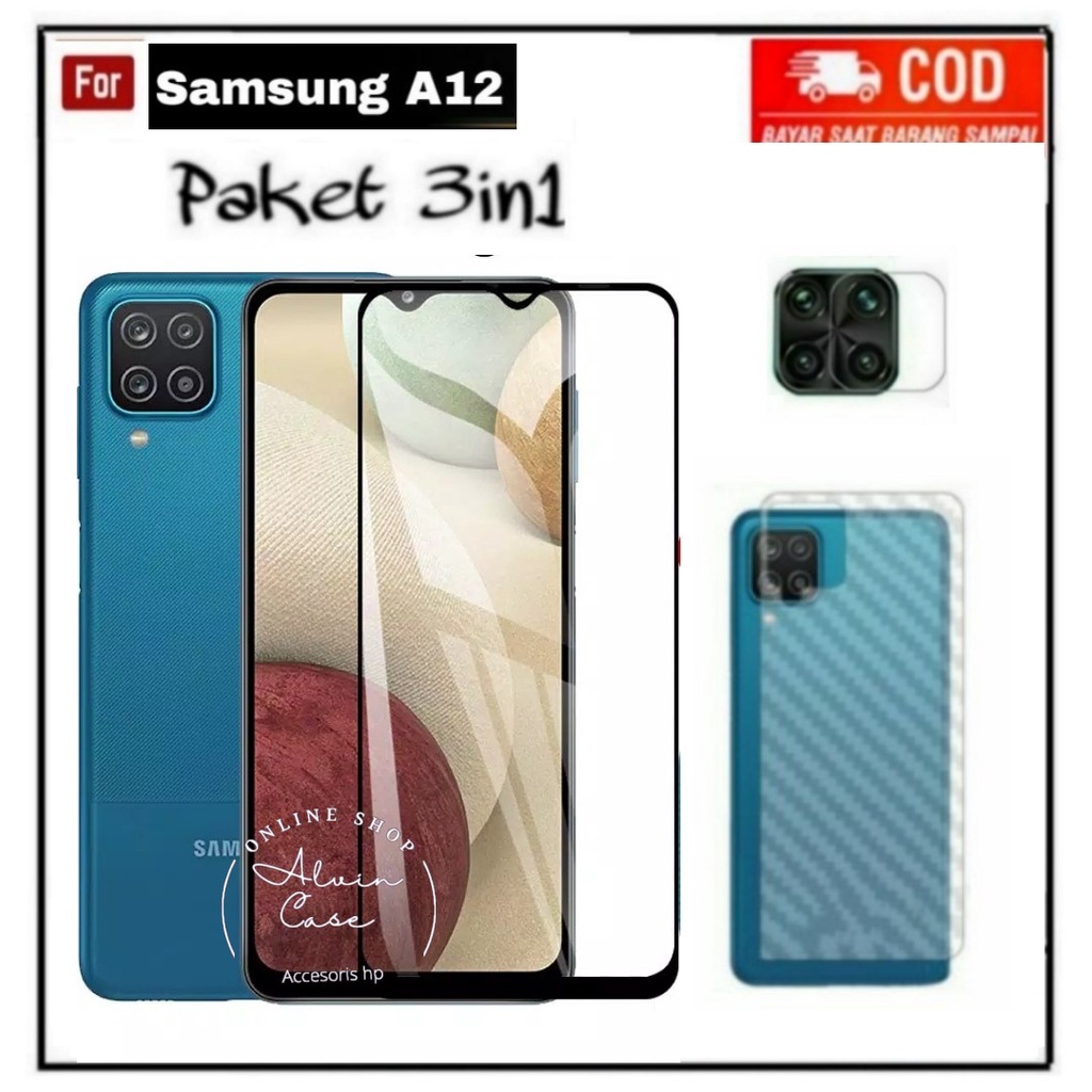 3IN1 TEMPERED GLASS SAMSUNG A12 TG LAYAR ANTIGORES KACA FULL COVER