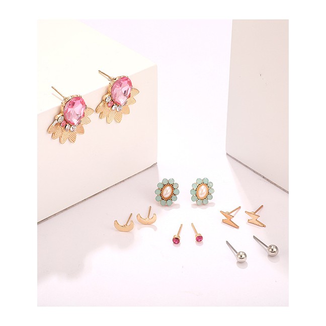 LRC Anting Set Fashion Gold Diamond Drop Flower Alloy Moon Lightning Stud Earrings 5 ??pairs F78103