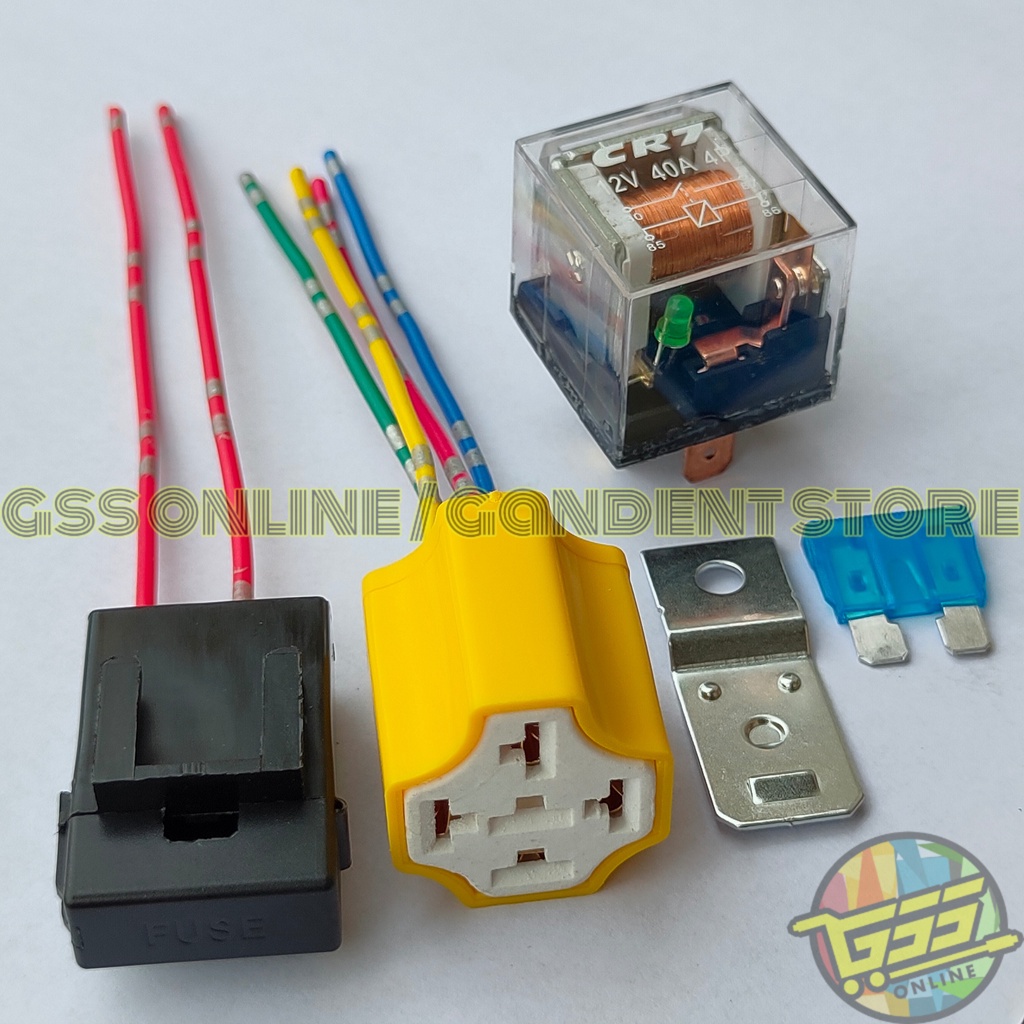 Paket lengkap Relay CR7 SHINAGAWA original 12v 30a 80a kaki 4 socket relay KERAMIK kaki 4 dan rumah sekring kabel kecil