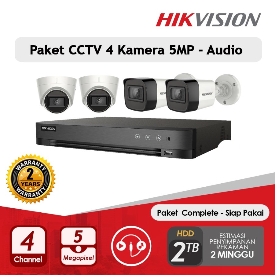 PAKET CCTV HIKVISION 5MP AUDIO 4 KAMERA HDD 2TB SIAP PASANG