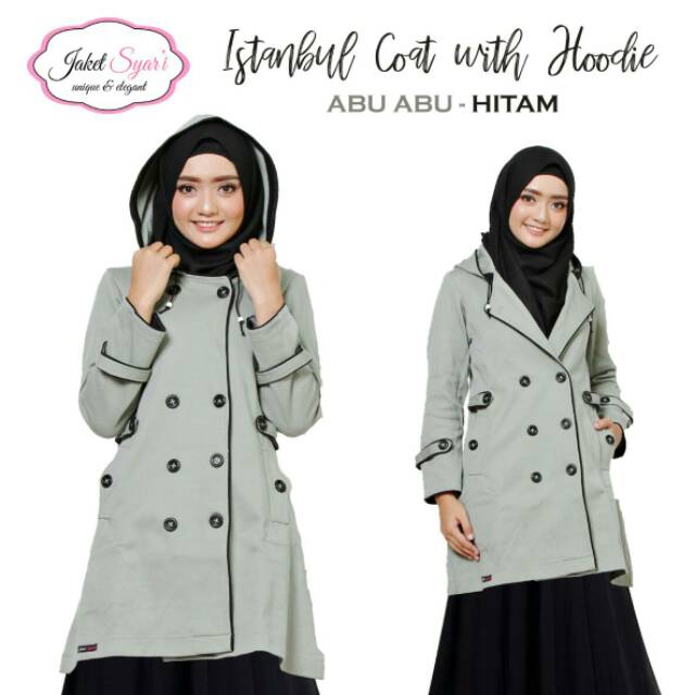 Jaket Korea Wanita - Istanbul Coat With Hoodie Warna Abu Abu & Hitam