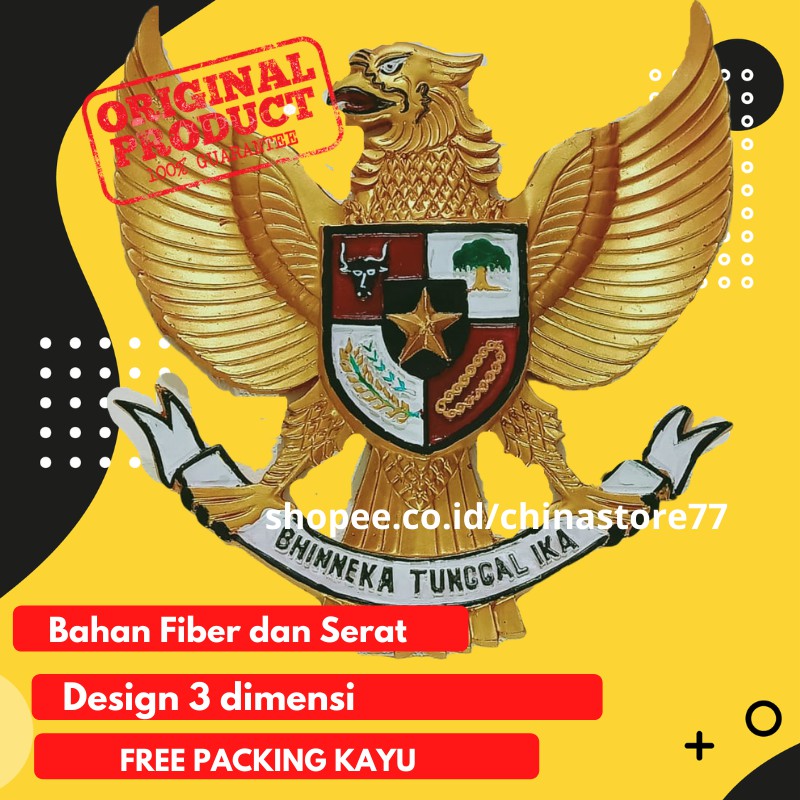 Hiasan Dinding patung Garuda Pancasila 3 Dimensi Fiber Logo Burung Garuda Gold 45X45 CM (DATAR)