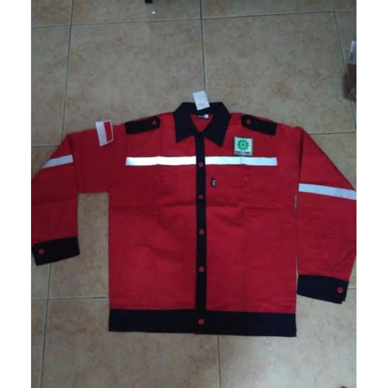 SERAGAM BAJU SAFETY MERAH LIST HITAM FREE LOGO K3 BENDERA KAIN DRILL TEBAL ADEM PREMIUM KANCING