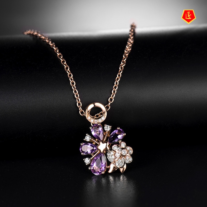 [Ready Stock]Gemstone Rose Pendant 18K Rose Gold Elegant Noble Fashion