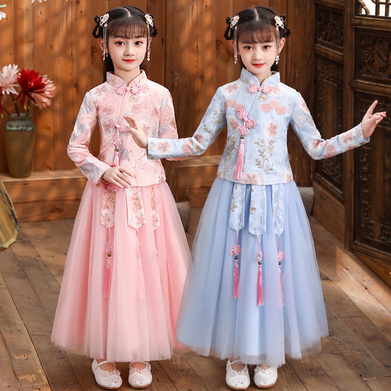 2021 new girls' cheongsam skirt autumn and winter Tang new year's clothes Plush thickened Chinese st