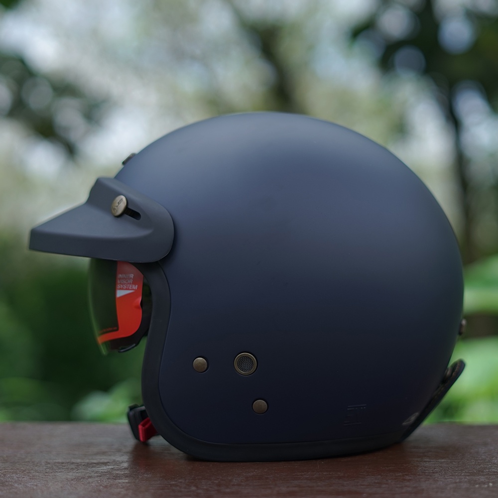 Helm NJS NX-2 NX2 Original Dewasa Premium Retro Inner Visor Paket Kaca Datar Atau Cembung-Blue Navy Doff