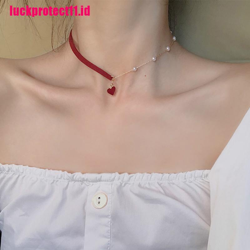 Kalung Choker Bentuk Hati Merah Aksen Mutiara Untuk Wanita