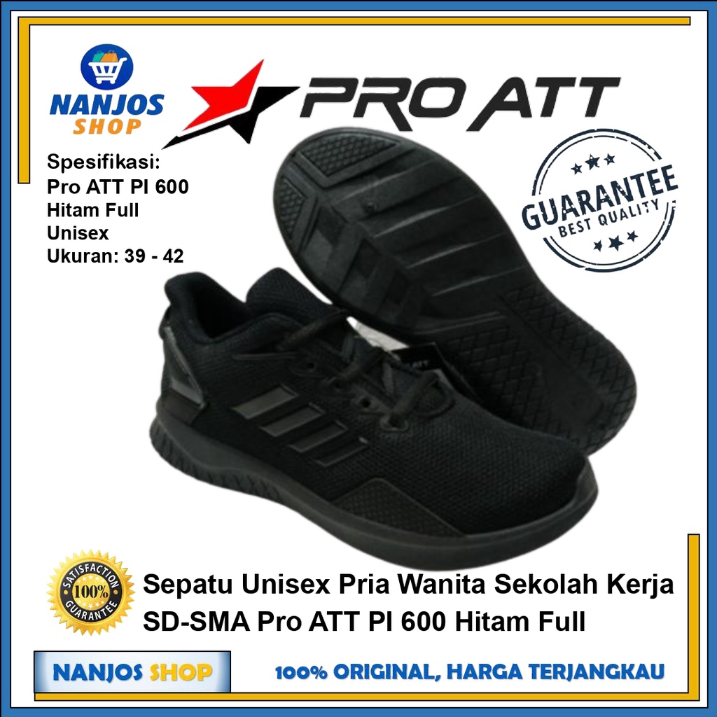 Sepatu Sneaker Stylish Unisex Pria Wanita Sekolah Kerja SD-SMA Pro ATT PI 600 Hitam Full