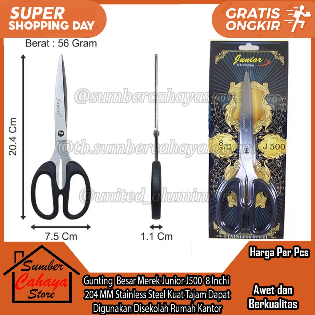 

Gunting Besar Baja Serbaguna Merek Mrek Junior J500 Ukuran Size Panjang 8 Inchi In Inci Inch 204 MM Stainless Steel cutting blade Kuat Anti Karat Dapat Digunakan Disekolah Rumah Kantor Stainlis Stenles Stenless Stainles Stenlis Staynlis Staynles
