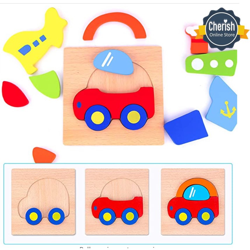 Mainan Kayu Edukatif - Puzzle Kayu Warna Bentuk Hewan &amp; Kendaraan - Puzzle Timbul - PK-0002