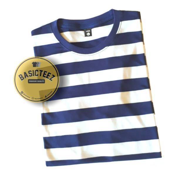 Kaos Stripe Big White Navy Cotton Premium Cvc