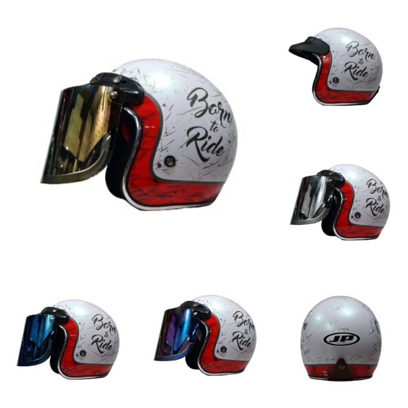 Helm Bogo Retro JP New Bigie Motif Bord To Road Putih Plus Visor List Chrome By JPX Helmet