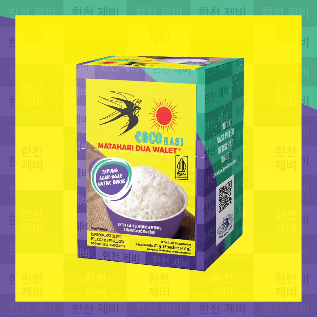 

Tepung agar-agar COCO Matahari Dua Walet untuk beras dan Nasi. Untuk nasi pulen berserat tinggi - isi 7 ( 1 Box )