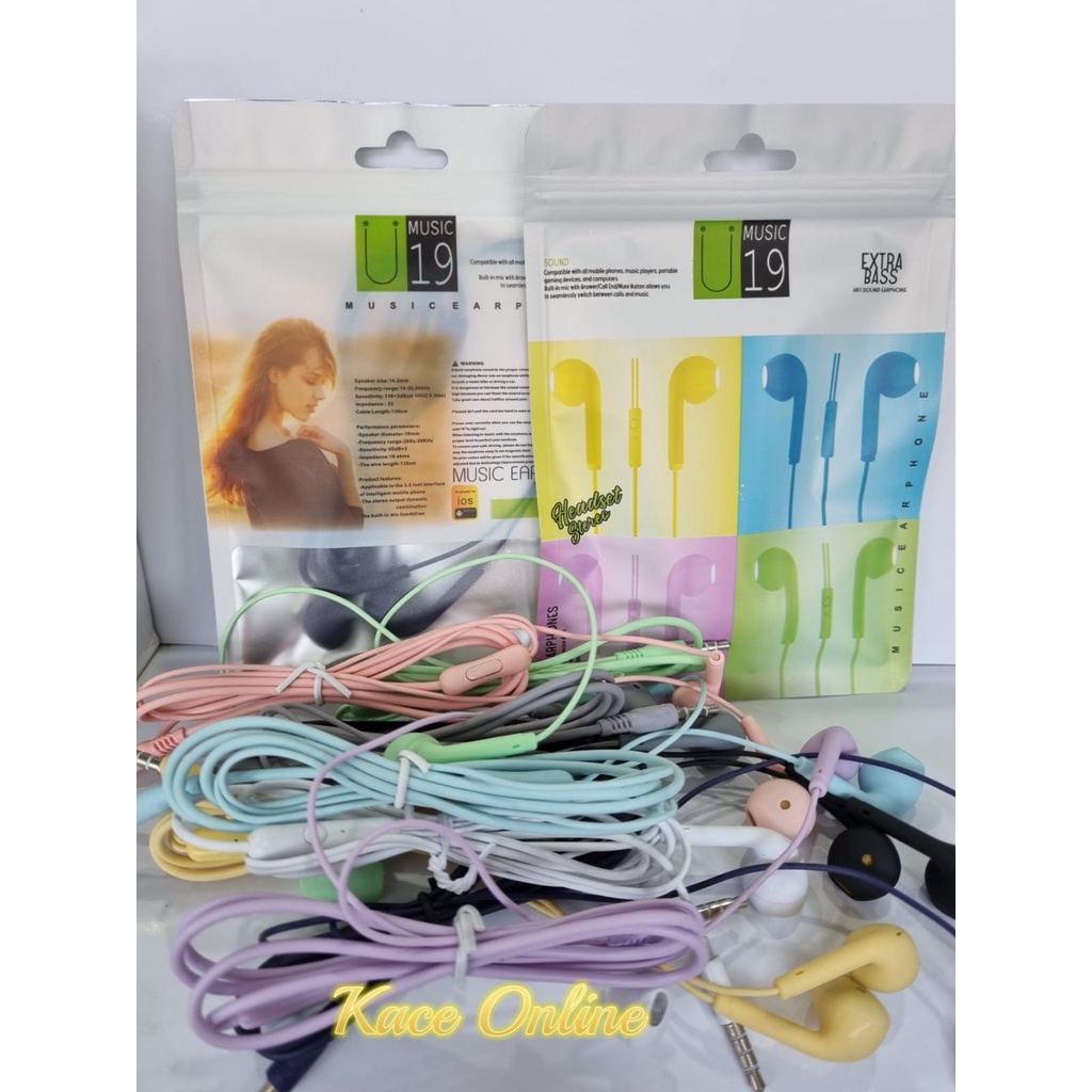 HF Handsfree Warna Macaron Earphone U19 with Mic Packing Plastik