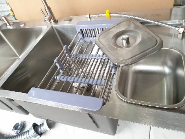 Bak cuci piring 2 lubang stainless SUS304 1 meter + tempat sampah PAKET LENGKAP