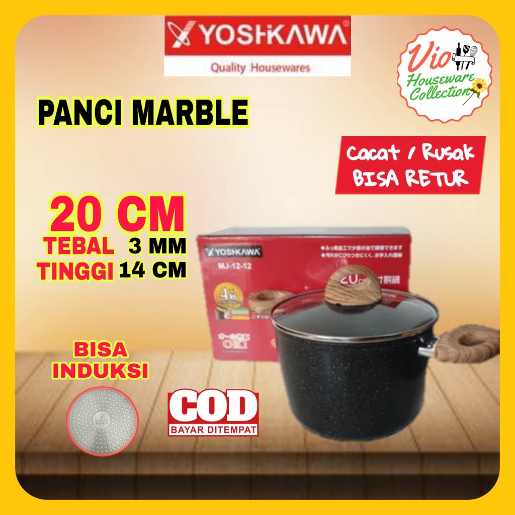 Yoshikawa Panci Serbaguna Keramik Marble Anti Lengket Tutup Kaca 20cm Tinggi MJ1212 Dutch Oven