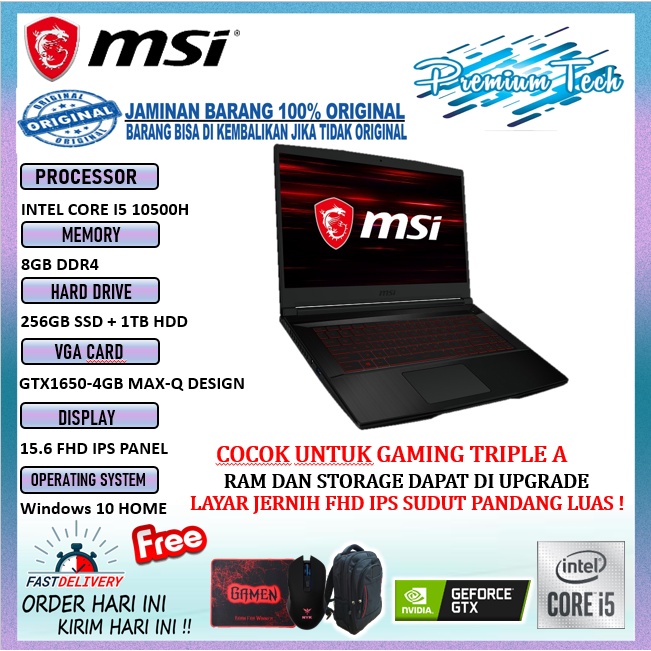 Jual LAPTOP GAMING MSI GF63 THIN INTEL I5 10500H 8GB 256GB 1TB 