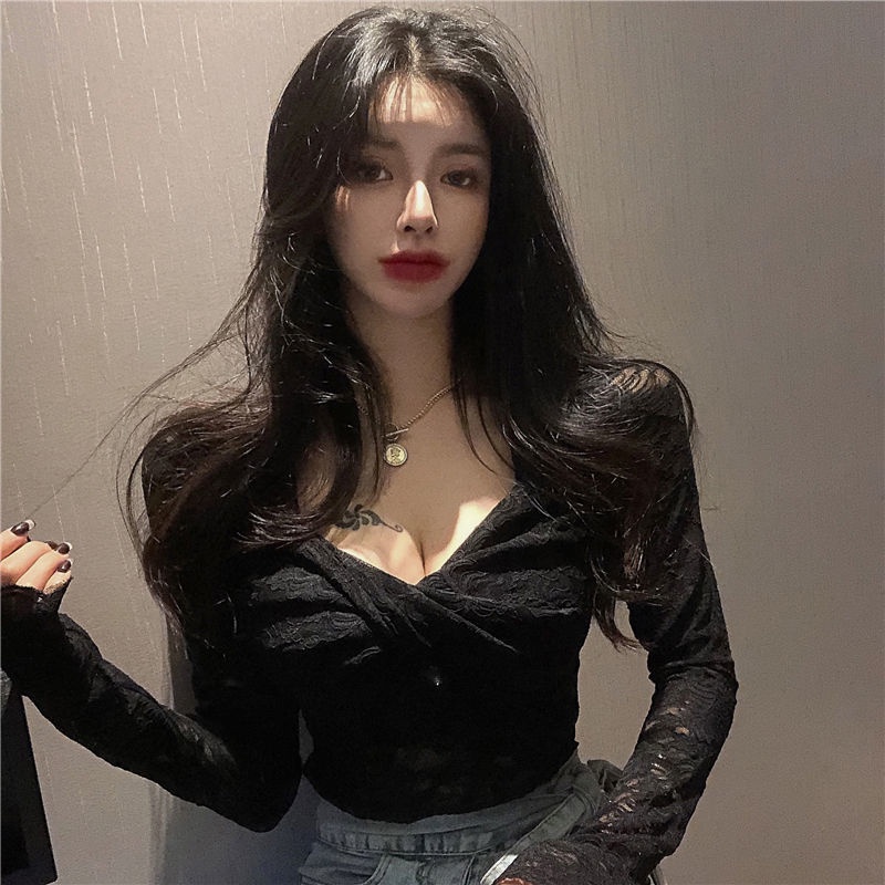 atasan renda import lace bottoming shirt women s western style deep V-neck lengan panjang atasan mes