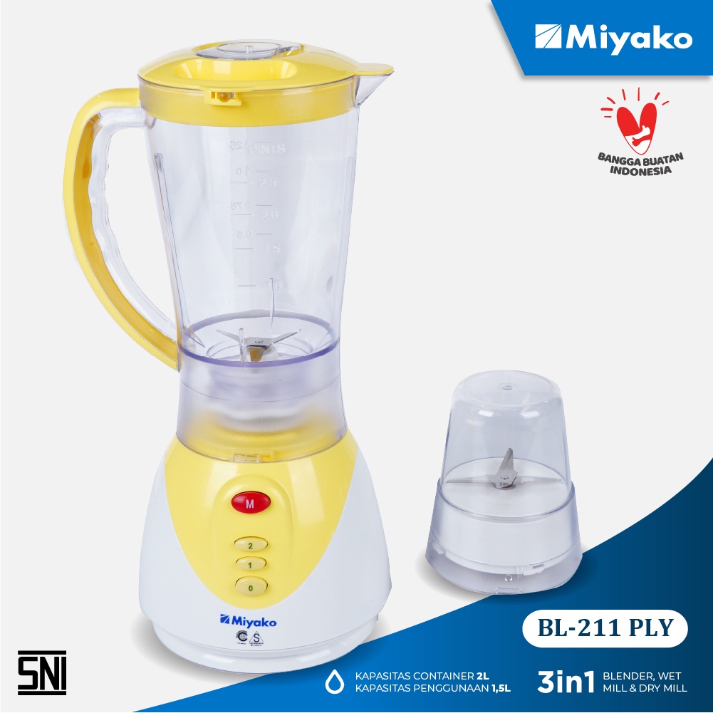 Blender Miyako BL 211 PLY Plastik 1,5 L Pelumat 2 in 1 Juicer Kuning Penghalus Bumbu Blender Plastik Miyako