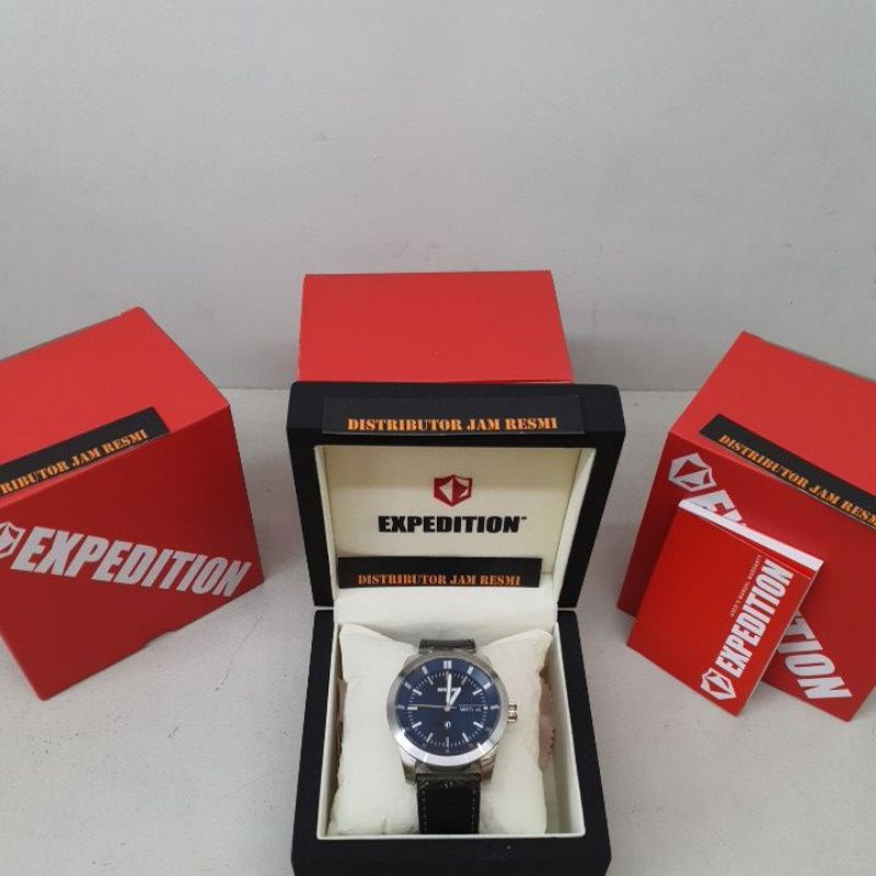 Jam Tangan Pria Expedition E6773M E 6773 M E6773 M E 6773M Silver Dial Blue Black Leather Quartz