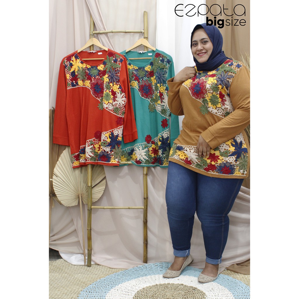 Blouse Wanita Big Size Bordir Aplikasi Bahan Kaos Impor Good Quality