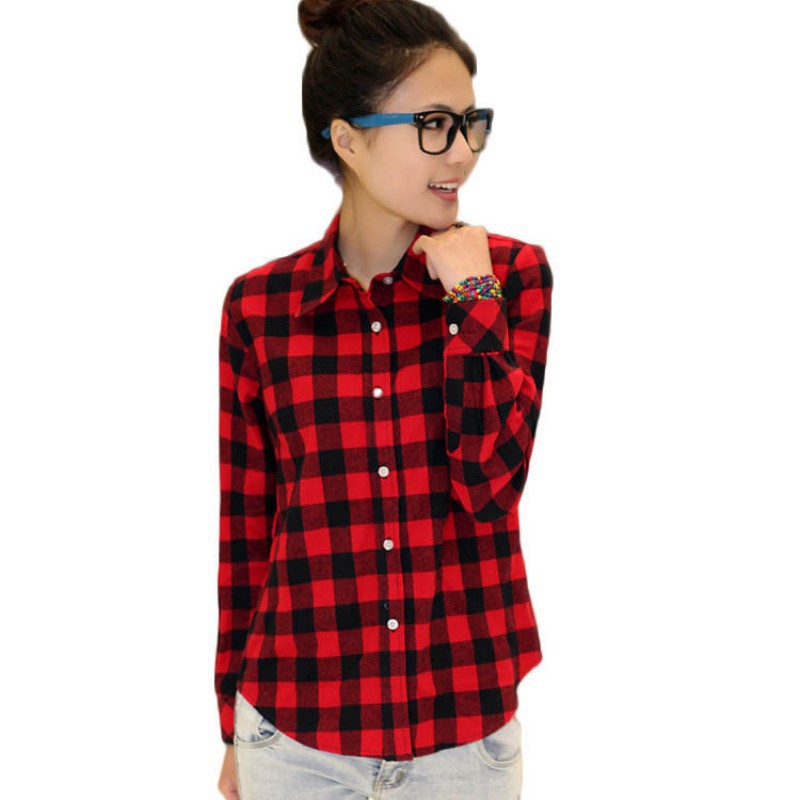 Kemeja Lengan Panjang Casual Print Kotak  kotak Warna Merah  