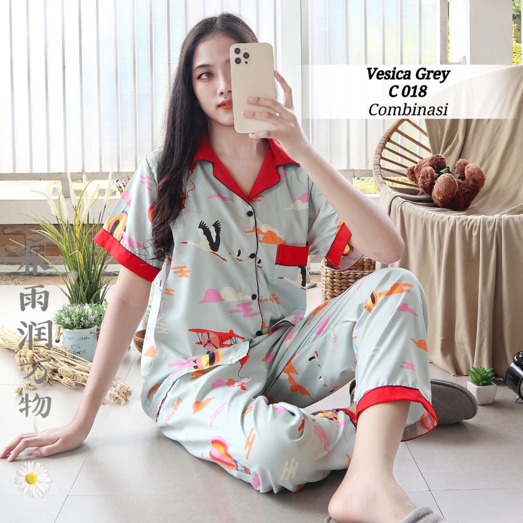 PIYAMA DEWASA JUMBO CP LD 120 cm big size lengan pendek celana panjang lucu-vesica gray red 120