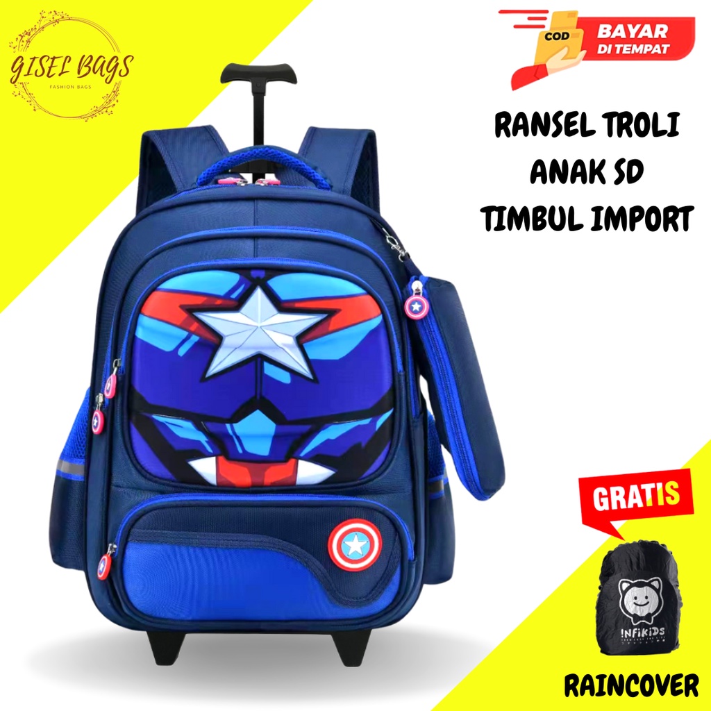 Tas troli anak laki laki sekolah sd gambar timbul karakter superhero waterproof