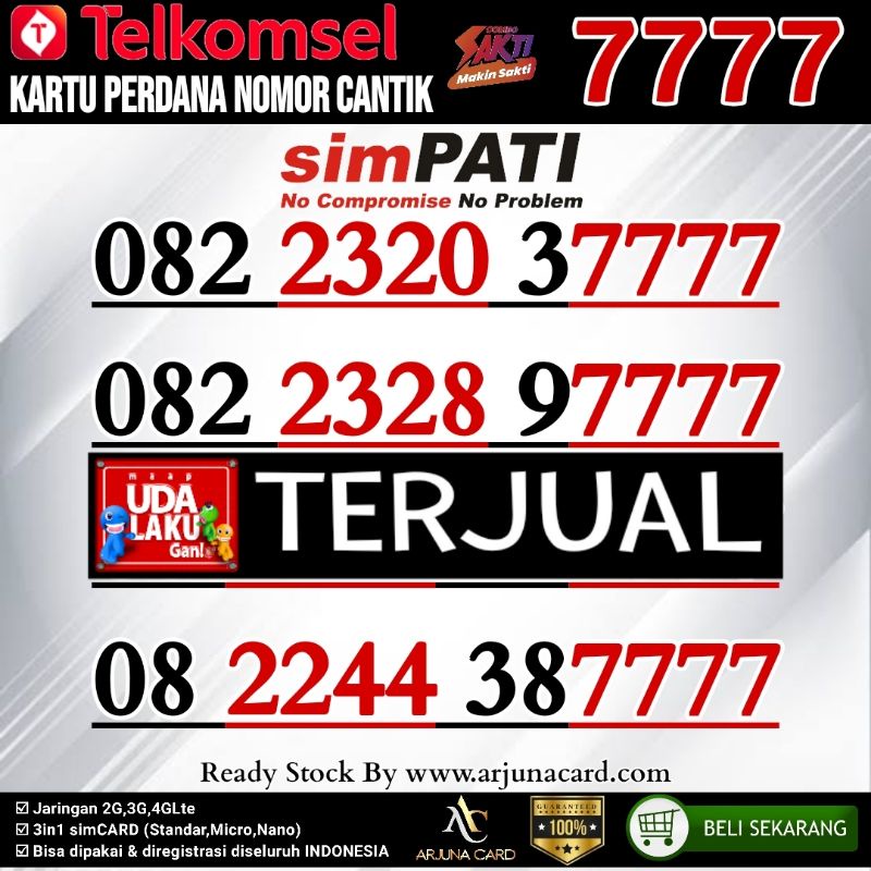 Kartu Perdana Nomor Cantik simpati as 7777 Telkomsel 4G Kwartet jendral