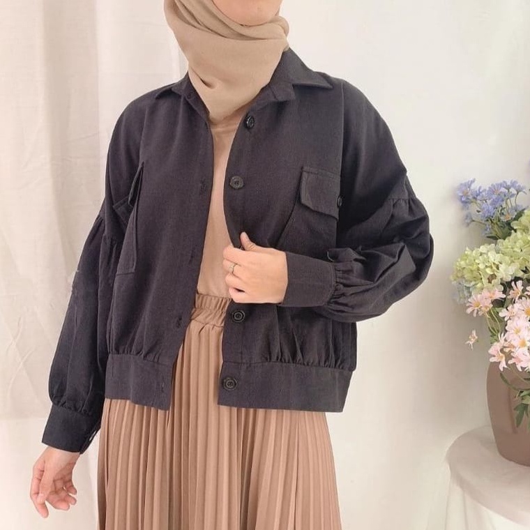 Busan Jaket Wanita Korean Style Oversize Saku Depan - Jaket Oversize Crop Outer-Hitam