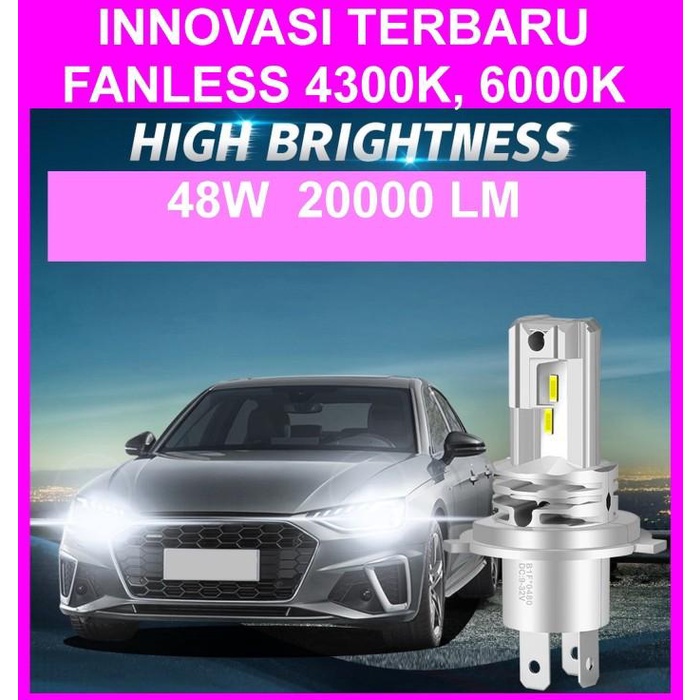 H4 LED HL FANLESS 4300K DAN 6000K 20000LM TURBO PUTIH 1PCS