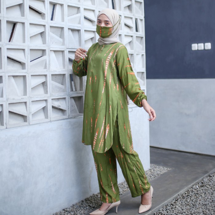 PAJAMAS SET CELANA BAJU MUSLIM ONE SET TEI DYE WANITA PIYAMA PAJAMAS-OLIVE