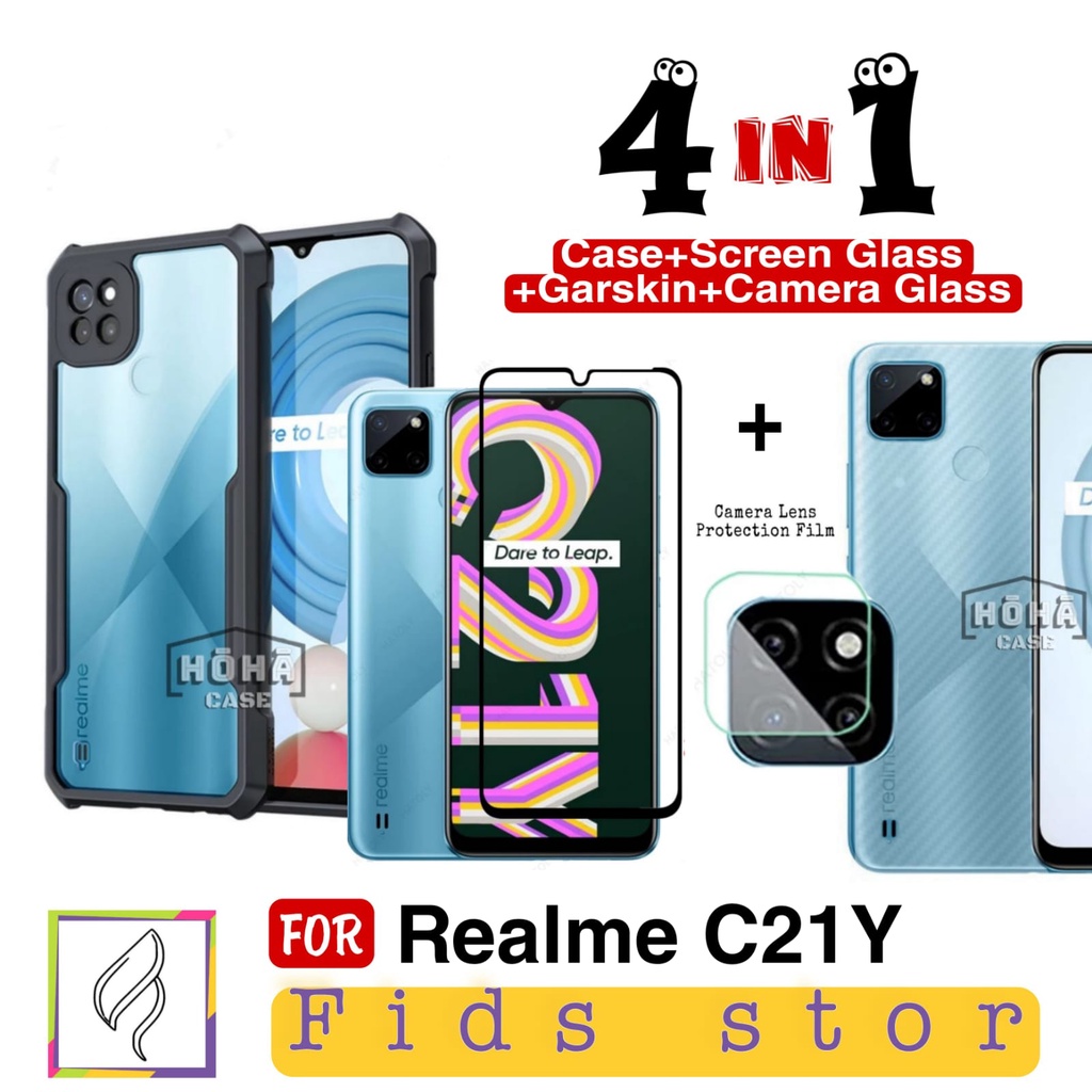 PROMO 4in1 REALME C21Y Case Shockproof + Tempered Glass + Anti Gores CAMERA Free GARSKIN Carbon