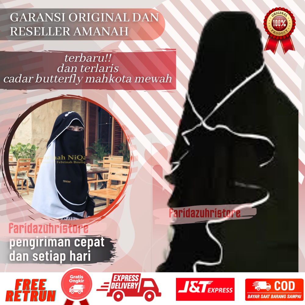 Cadar Niqab Butterfly 2 Layer Bunga Kancing Sifon Silk Jetblack exclusive Chiffon Arab Original