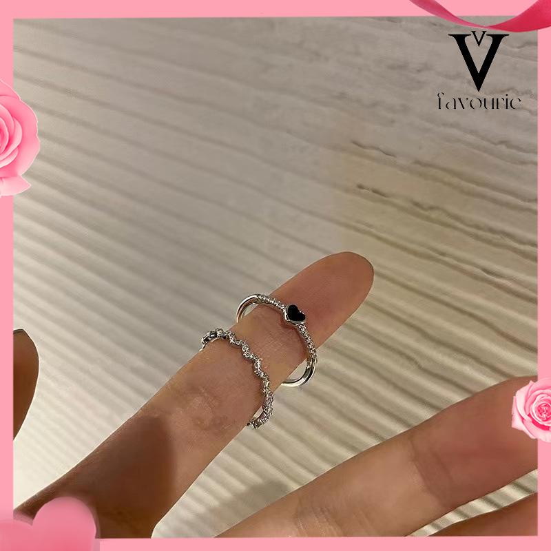 [COD]2 pcs Cincin Korea Cinta Zirkon Hitam Wanita High-end Fashion Kepribadian Jari Telunjuk Cincin-FA