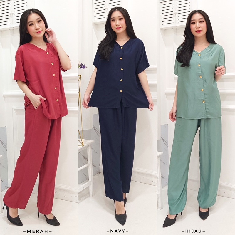 AIRA LONGPANTS - Setelan Piyama Baju Tidur Celana Panjang Tangan Pendek Rayon Polos Wanita Kancing