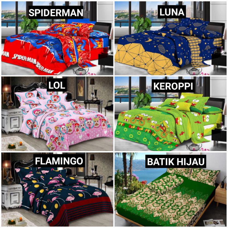 sprei murah motif spiderman, luna, lol, keroppi, flamingo, batik hijau