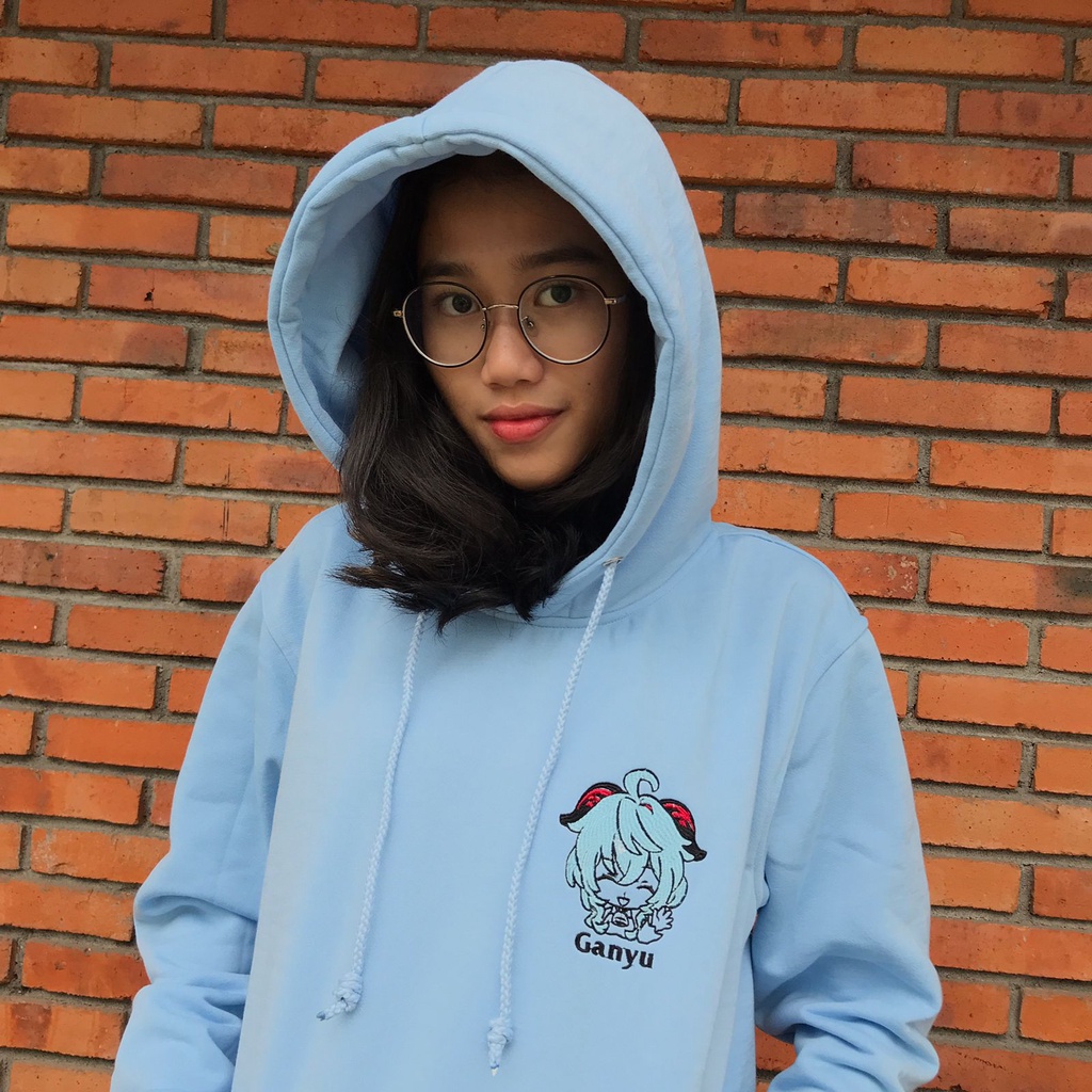 Hoodie Ganyu Embroidery Sky Blue Gaming Anime Waifu Sejuta Umat Gamer Premium Unisex