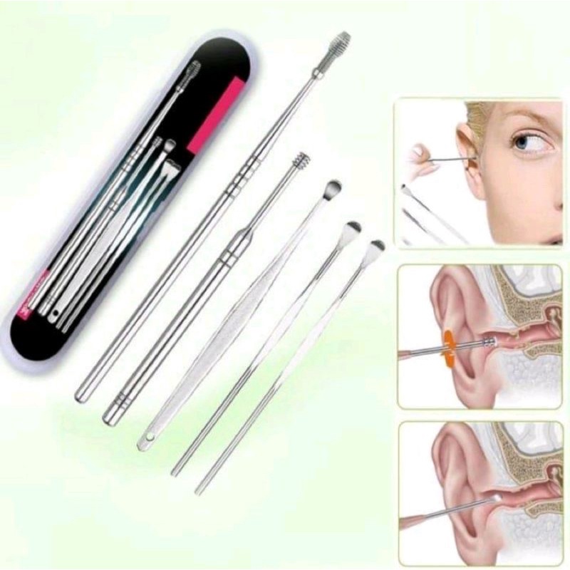 ALAT PEMBERSIH TELINGA KOREK KUPING SET Ear Wax STAINLESS STEEL 5IN1