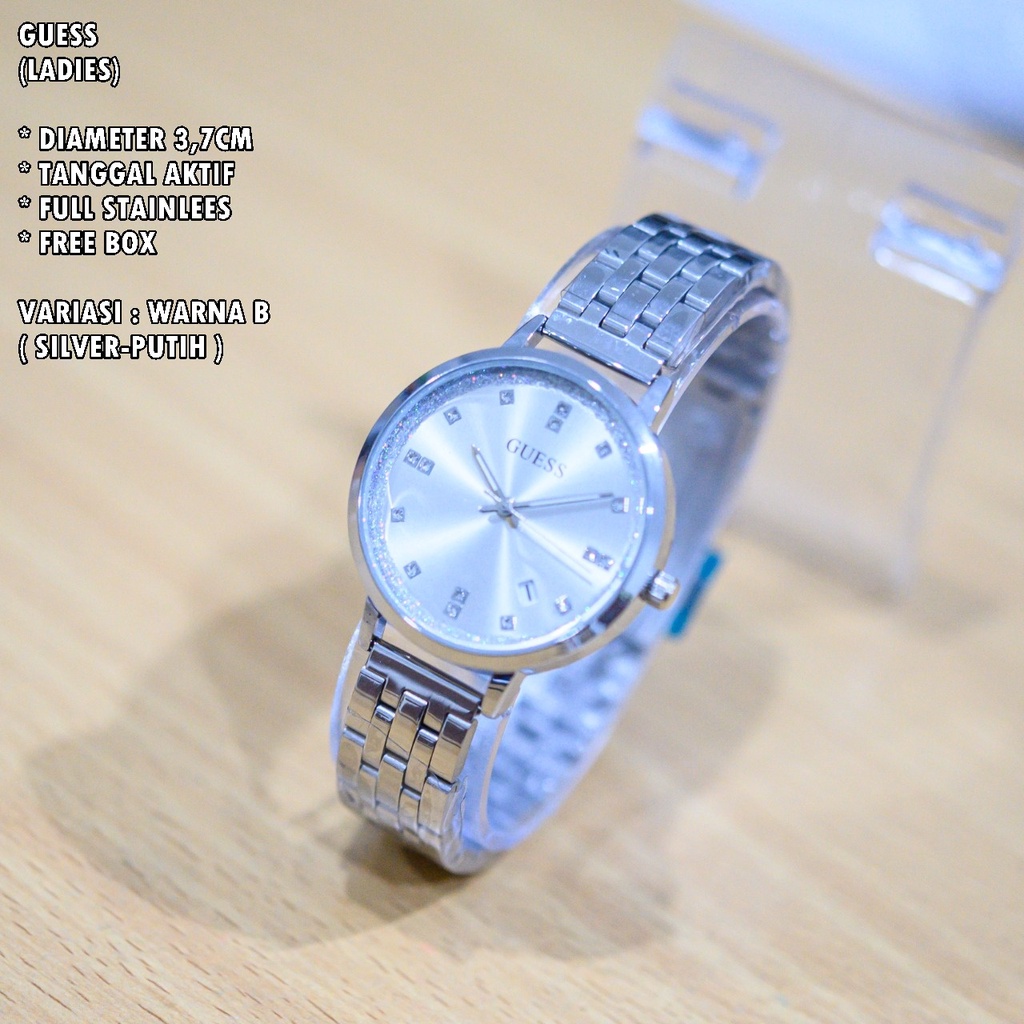 JAM TANGAN WANITA GUESS RANTAI BODY BULAT DIAMOND TANGGAL AKTIF