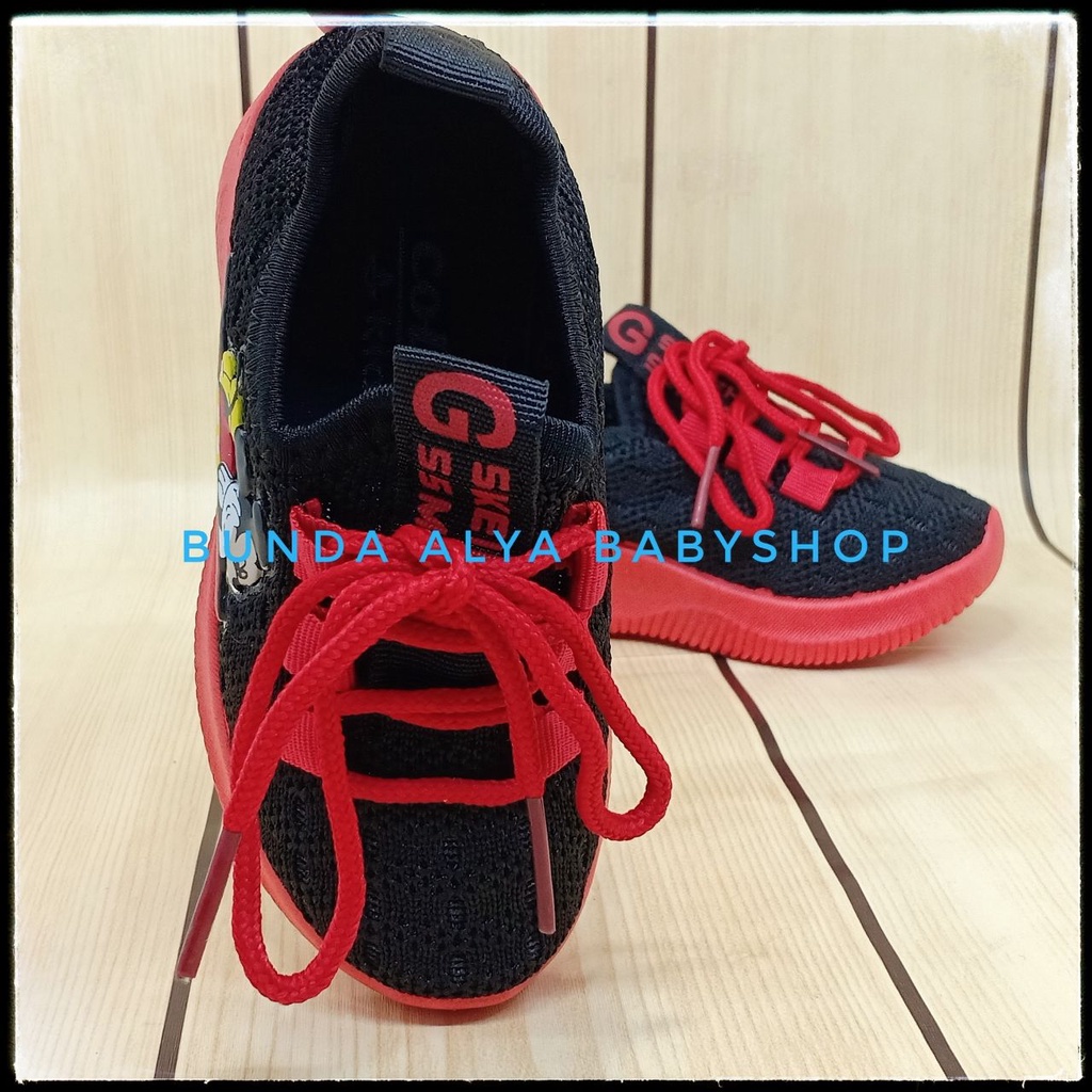 Sepatu Anak Laki Laki IMPORT Umur 2 - 5 Tahun HITAM Elastis Sepatu Anak Cowok Size 22 - 31 Kartun Lucu Alas Karet Anti Licin