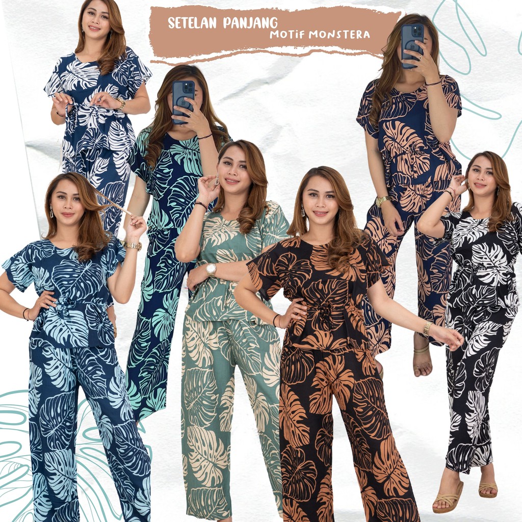 Setelan Panjang Wanita Motif Monstera Bahan Rayon Premium Untuk Remaja dan Dewasa