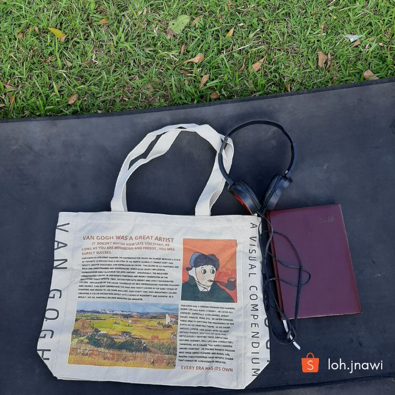 Korean Totebag Canvas Resleting Dan Saku Van Gogh Style Aesthetic Tebal Premium